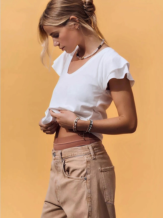 Maeve Tops - 100% Cotton Maeve Scoop-Neck Ruffle-Sleeved Tee White Small